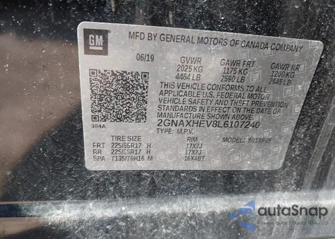 2020 Chevrolet Equinox Fwd Ls из США, поврежденный, VIN 2GNAXHEV8L6107240